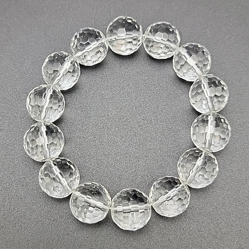Elegant 16mm Clear Faceted Natural Rock Crystal Stretch Bracelet Size 6.75" NWOT